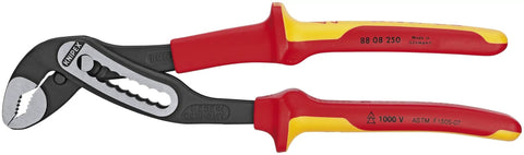 10 Piece 1000V Insulated Pliers Cutters And Screwdriver Tool Set For Electricians With VDE Tested Comfort Grip Handles And Heavy Duty Industrial Quality Performance; adjustable pliers with red-yellow handle.
