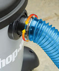 Super Stretch 2.5 Inch Expandable Shop Vac Hose Kit For Quick Cleanups connected to vacuum with clamp and swivel fittings