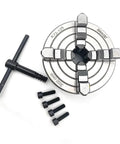 K72 125mm Four Jaw Independent Lathe Chuck Fixture With Single Movement Fast Setup Built Tough For Home Projects And Factory Machining On Metal Lathes Wide Compatibility And Secure Workholding. Four-jaw steel chuck with T-handle and bolts