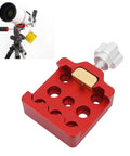 Red Dovetail Saddle Clamp Mount Base with dual locking knobs, used with telescope shown, for precise alignment and easy setup.