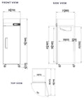 Top Shelf 23 Cubic Foot Reach In Freezer With Single Solid Door And Brushed Stainless Steel Finish technical dimensions including front, side, and top views.