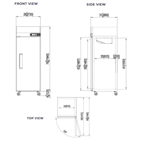 Top Shelf 23 Cubic Foot Reach In Freezer With Single Solid Door And Brushed Stainless Steel Finish technical dimensions including front, side, and top views.