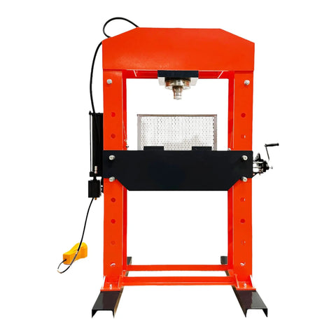 Heavy Duty Industrial Hydraulic Shop Press Delivering 100 Ton Pressing Force And Twin Cylinder Muscle For Quick Gear Bearing Swaps Metal Stamping Jobs Built Like A Boss Workhorse with a front view showing the welded frame and dual pump.