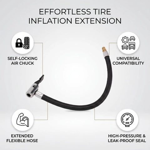 Heavy Duty Self Locking Tire Inflator Extension Hose With 30 cm Extended Reach For Cars Trucks And Motorcycles Leak Proof Air Nozzle Adapter Set, black hose