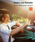 Happy driver in a car enjoying stable system operation with airflow visuals, emphasizing comfort and reliability.