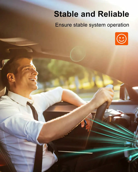 Happy driver in a car enjoying stable system operation with airflow visuals, emphasizing comfort and reliability.