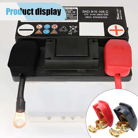 Battery Quick Release Connector With Top Post Brass Quick Disconnect Terminals And Plastic Cover Plug And Play Negative And Positive Vehicle Battery Clamps For Easy Installation And Fast Disconnect on battery with red and black caps