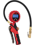 Heavy-Duty Digital Tire Pressure Gauge With Inflator, Clip-On Chuck, 20 Inch Air Hose, Easy Read 0.1 PSI Display, Pistol Grip, Pro Grade Build, 255 PSI Max, 1/4 Inch NPT, Made In USA red inflator gauge with hose and clip-on chuck