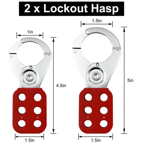On The Go Lockout Tagout Kit With Clamp-On Circuit Breaker, Group Hasps, Tags, And Two Keyed-Different Padlocks In A Heavy-Duty Nylon Pouch, OSHA Compliant Safety Gear For Universal Multi-Pole Breakers, Black Kit, two metal lockout hasps with red handles, 5 inch and 4.5 inch sizes displayed against a white background, text reads '2 x Lockout Hasp'