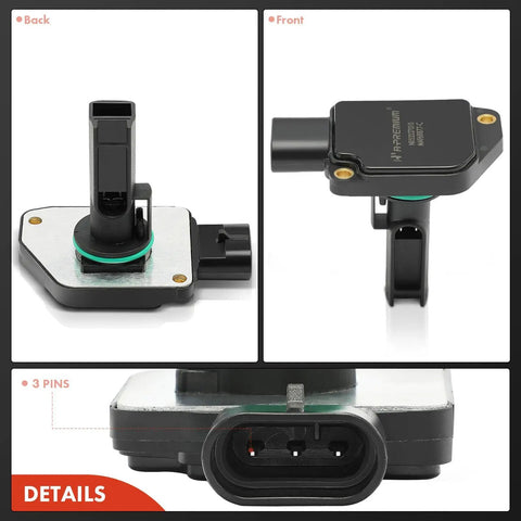 Mass Air Flow Sensor Drop In For 3 8L OHV V6 GM Vehicles Without O Ring And Bolts front and side view showing 3 pin connectors