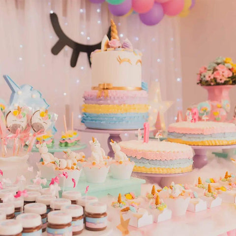 Top Shelf 114 Piece Cake Decorating Kit Loaded With Fondant Plunger Cutters Sugar Craft Molds Rolling Pin Scraper And Pro Level Icing Tools For Killer Diy Baking displayed with colorful unicorn cakes and desserts.