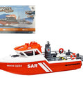 One Thirty Second Scale RC Rescue Boat With Dope Realistic Black And Red Livery Eight Kilometers Per Hour Speed Electric Jet Boat Two Point Four Gigahertz Remote Control Waterproof Hull With LED Navigation Lights Ideal For Pools Lakes And Adults