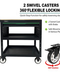 Rolling Tool Cart With 3-Tier Workshop Storage, Black Metal Frame And Wooden Top Workbench, Built Tough Wheels And 330Lb Load Capacity Organizer Cabinet For Garage, Shop, And Warehouse with swivel casters shown.