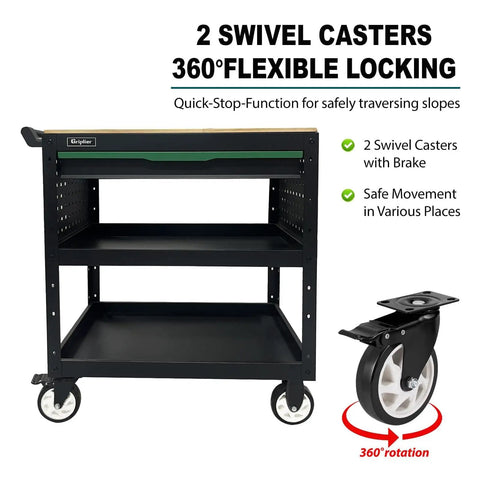 Rolling Tool Cart With 3-Tier Workshop Storage, Black Metal Frame And Wooden Top Workbench, Built Tough Wheels And 330Lb Load Capacity Organizer Cabinet For Garage, Shop, And Warehouse with swivel casters shown.