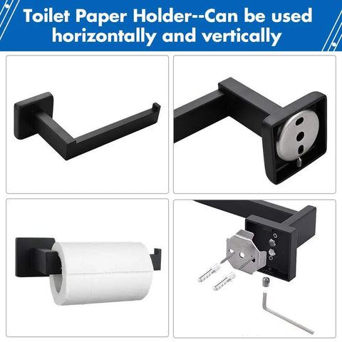 Built To Last 4 Piece Matte Black Stainless Steel Bathroom Hardware Set Includes 24 Inch Towel Bar Hand Towel Holder Toilet Paper Holder And Wall Hooks Thick SUS304 Rust Resistant Finish For Modern Homes, showing toilet paper holder with installation view