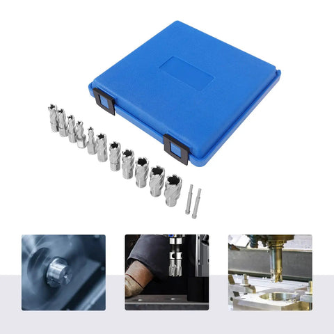 Built Tough Hss Annular Cutter Set With 13 Piece Ring Cutting Tools One Inch Full Depth Three Quarter Weldon Shank in blue case.