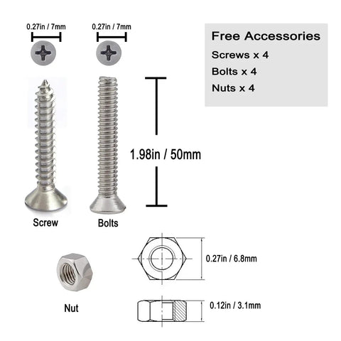 Diagram of screws, bolts, and nuts included with Open Base 316 Stainless Steel Boat Cleat For Mooring, detailing dimensions.