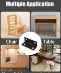 Multiple applications of 10 Piece Stainless Steel L Bracket Set 2.38x1x1 Inch for chair, table, shoe cabinet, and desk support.