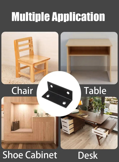 Multiple applications of 10 Piece Stainless Steel L Bracket Set 2.38x1x1 Inch for chair, table, shoe cabinet, and desk support.