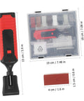 Tile Repair Kit For Porcelain And Marble Color Wax Blocks, scraper, and toolkit shown in plastic case with dimensions marked.