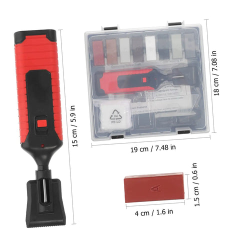 Tile Repair Kit For Porcelain And Marble Color Wax Blocks, scraper, and toolkit shown in plastic case with dimensions marked.