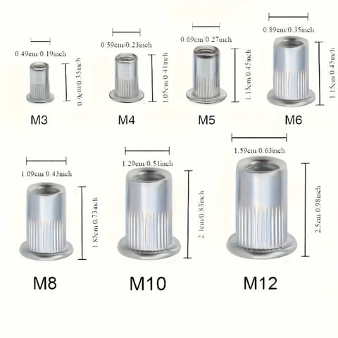 165 Piece Metric Rivet Nut Kit Aluminum Flat Head Insert Nutsert Assortment M3 M4 M5 M6 M8 M10 M12 Knurled Body Rivnuts Sizes
