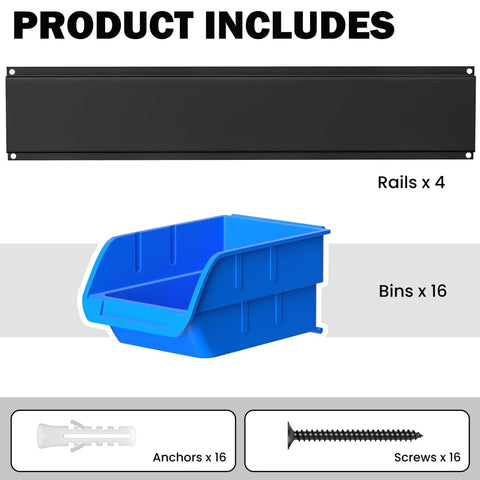 Wall Mounted Storage Bins Kit With 16 Plastic Bins And 4 Rails For Your Garage Tools Keeps Screws Nuts Bolts Nails And Small Hardware