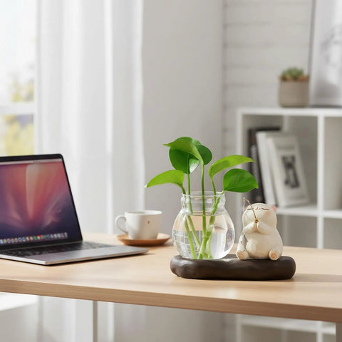 Dope Glass Propagation Station With Wood Display Vases For Water Rooting on office desk, featuring a plant cutting in a glass jar
