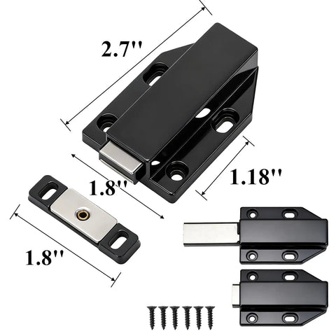 16 Pack Magnetic Cabinet Door Latches Heavy Duty Drawer Catches Push To Open, shown with dimensions and screws
