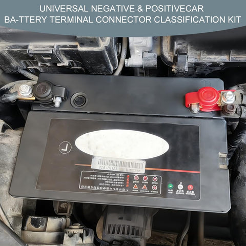 Go To Universal Negative And Positive Car Battery Terminal Kit installed on car battery with copper cable ends and clamps.