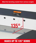 Close-up of 24 Inch Box and Pan Brake Metal Bender showing 135° bending capability for sheet metal.
