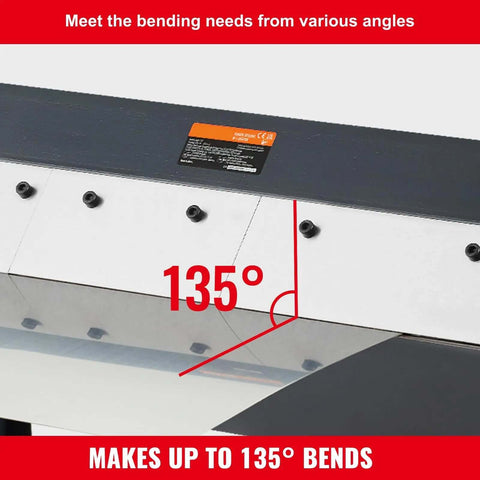 Close-up of 24 Inch Box and Pan Brake Metal Bender showing 135° bending capability for sheet metal.