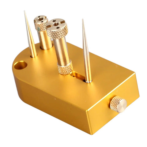 Close-up view of Durable Metal Hairspring Stand for Watch Repair and Movement Balancing, Multifunction Tool Kit, golden color.
