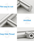 Features of Brushed Nickel Cabinet Handles 5 Inch Hole Spacing Stainless Steel Drawer Pulls including anti-rust and deep hole thread details.