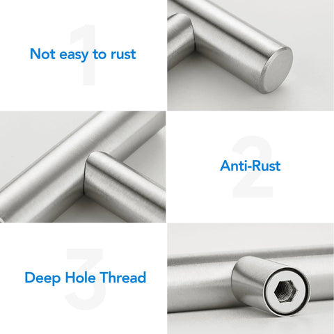 Features of Brushed Nickel Cabinet Handles 5 Inch Hole Spacing Stainless Steel Drawer Pulls including anti-rust and deep hole thread details.