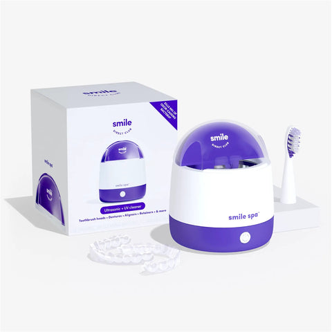 Ultra Deep Clean Ultrasonic And UV Dental Appliance Cleaner For Aligners, Retainers, Dentures, Mouthguards, Toothbrush Heads And More With Dual Cleaning Tech For A Fresh, Odor Free Smile. box with cleaner, aligners and brush