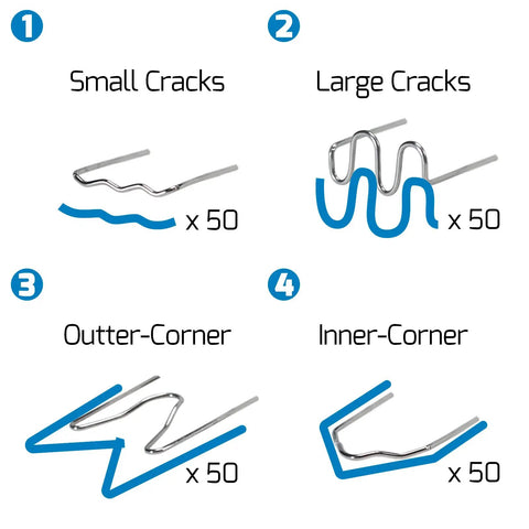 Diagram showing four types of hot staples for 110V Plastic Welder Kit With LED Lights And 200 Hot Staples Pliers, including small and large crack options.