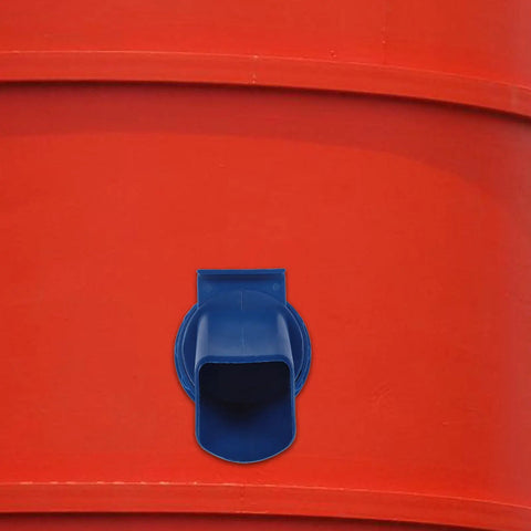 Heavy Duty Plastic Grain Storage Bin With Large Outlet For Easy Access Stable Durable Farm Storage Container For Barn Use Barn Ready Design Ideal For Rice Corn Feed And Quick Access To Stored Grains. Blue plastic 121x121x90 mm outlet on red bin.