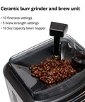 Top Shelf Stainless Steel Espresso Machine Featuring Fifty Four Ounce Water Tank Built For Reliable Pressure Extraction And Buttery Smooth Shots That Totally Upgrade Your Daily Coffee Grind - Ceramic burr grinder with coffee beans and hopper.