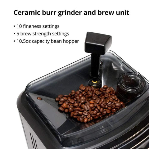 Top Shelf Stainless Steel Espresso Machine Featuring Fifty Four Ounce Water Tank Built For Reliable Pressure Extraction And Buttery Smooth Shots That Totally Upgrade Your Daily Coffee Grind - Ceramic burr grinder with coffee beans and hopper.