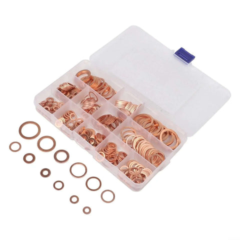 Real Thick Purple Copper Flat Washer Gasket Assortment Kit With Carry Box High Heat Resistant Sealing Rings For Sump Automotive Marine Fixups Solid Heavy Duty Gear For Shop Or Home Work 300 Piece Pack Fits Big Jobs Easy Peasy, assorted copper washers in organizer