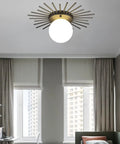 Semi Flush Ceiling Light Fixture 1 Light Brushed Brass Finish With White Glass Shade in modern living room.
