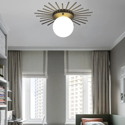 Semi Flush Ceiling Light Fixture 1 Light Brushed Brass Finish With White Glass Shade in modern living room.