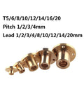Heavy Duty Brass Type T Lead Screw Nut Trapezoidal Backlash Adjustment T5 T8 T10 T12 T20 shown in various sizes for CNC machines.
