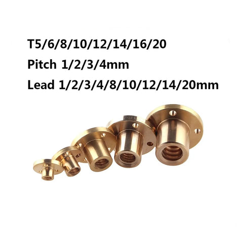 Heavy Duty Brass Type T Lead Screw Nut Trapezoidal Backlash Adjustment T5 T8 T10 T12 T20 shown in various sizes for CNC machines.