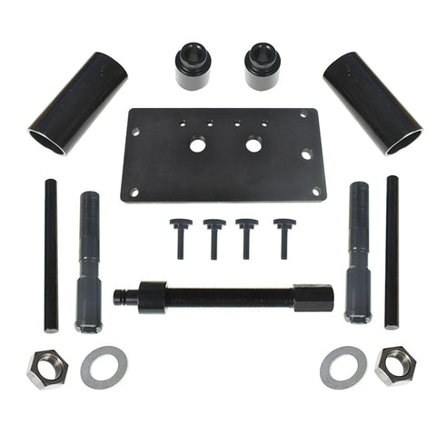 Inner cam bearing installer puller kit for Harley Twin Cam 88/96/103; black steel plate with bolts, sleeves, nuts.