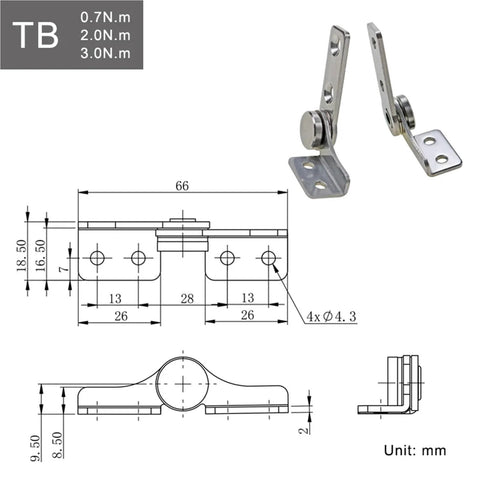 Front view of 304 stainless steel damping hinge with non-adjustable torque stop (TB-Right 0.7 N.m)