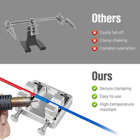 Comparison of soldering clamps showing an adjustable aluminum soldering clamp with ceramic jaw for secure, precise soldering.