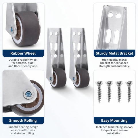 2 Pack Low Profile Caster Wheels 0.8 Inch Silver Non Slip Side Mount with rubber wheels and screws for mounting on furniture