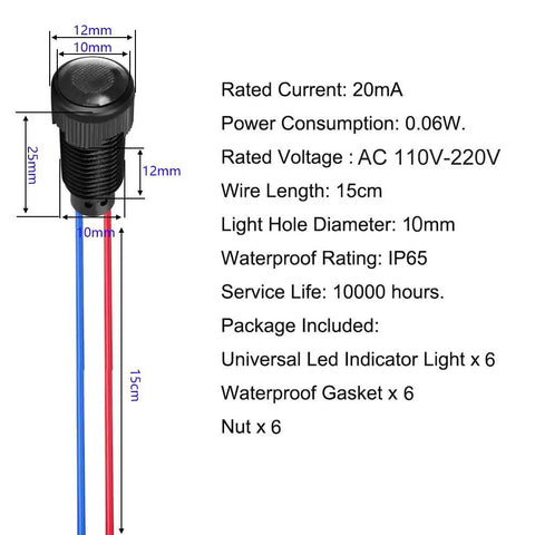 Six Pack Red Blue Green LED Indicator Pilot Lights 110V AC Panel Mount 10mm Hole Flame Retardant Plastic Shell A Real Workhorse For Industrial Equipment Electrical Panels Status Signaling Emergency Alerts And DIY Projects, 10mm panel light